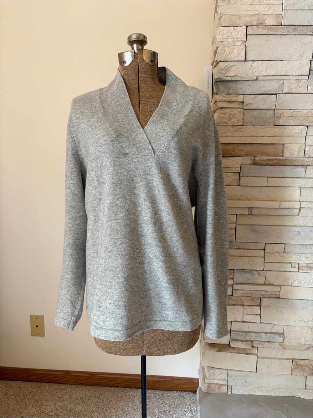 Cashmere Lands' End Light Gray  Shawl Collar Sweater